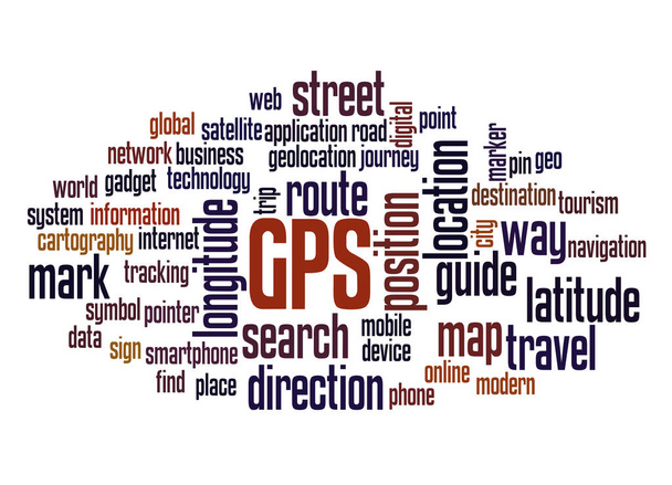 GPS глобальна система позиціонування, концепція хмарного слова на білому тлі
. - Фото, зображення