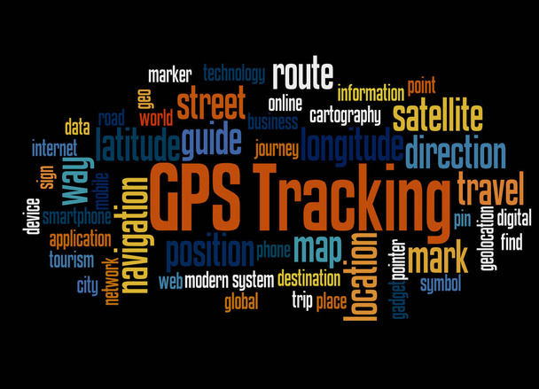GPS tracking word cloud concept on black background. - Photo, Image