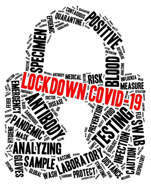 Lockdown Covid-19 lakat alakú szó felhő koncepció fehér háttér. - Fotó, kép