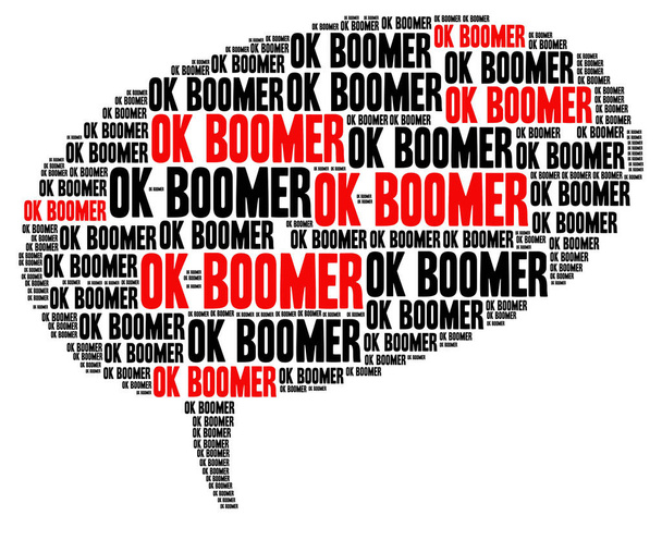 OK boomer spraak bel vormige woord wolk concept op witte achtergrond.  - Foto, afbeelding
