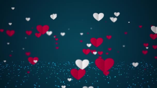 Animatie van mooie Zwevende witte en rode papieren hartjes op donkerblauwe achtergrond. Liefde, passie en viering concept achtergrond voor Valentijnsdag, Moederdag, trouwdag - Video