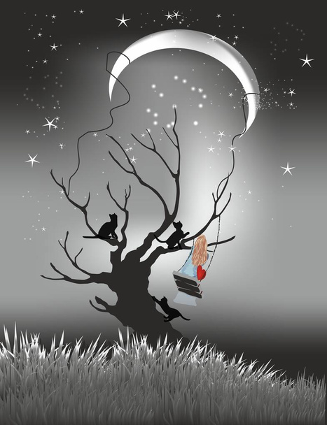 композиція з дівчиною, яка сидить на гойдалці і дивиться на Місяць і зірки
 - Вектор, зображення