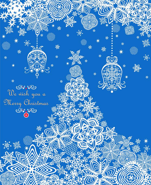 Biglietto di auguri blu artigianale per le vacanze invernali con albero di Natale con fiocchi di neve di carta fatti a mano e campanelli a tintinnio appesi
 - Vettoriali, immagini