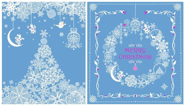 Christmas greeting pastel blue cards set with Xmas tree and hanging craft wreath with paper cutting snowflakes, little angels, jingle bell, gift box and reindeer - Vector, Image