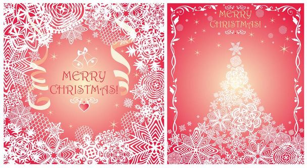黄金の紙のストリーマー、クリスマスツリーと手作りの紙の切断雪のフレークとフレームとクリスマスの魔法のグリーティング黄金のカードのバリエーション - ベクター画像