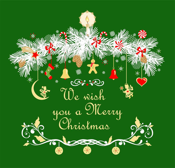 Різдвяна гірлянда з хвойним папером, що ріже білі гілки та висячі ангели, дзвін джинглів, цукерки, свічки, шкарпетки, пряники на зеленому фоні
 - Вектор, зображення