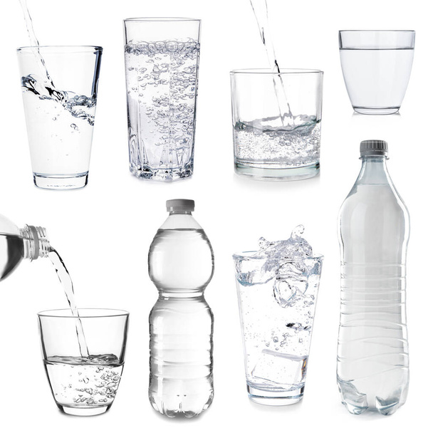 Collage con agua dulce en vasos y botellas sobre fondo blanco
 - Foto, Imagen