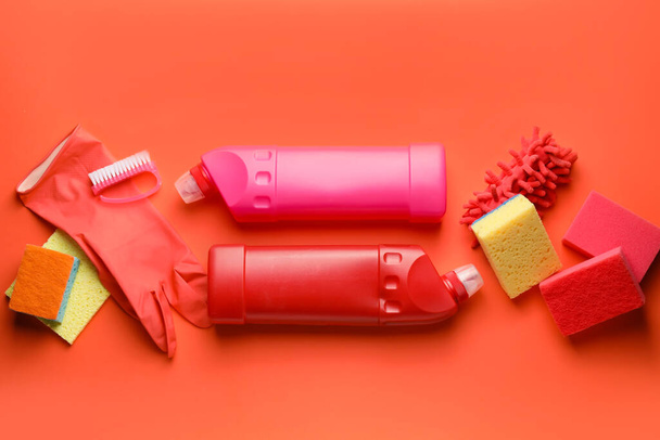 Set of cleaning supplies on color background - Photo, Image