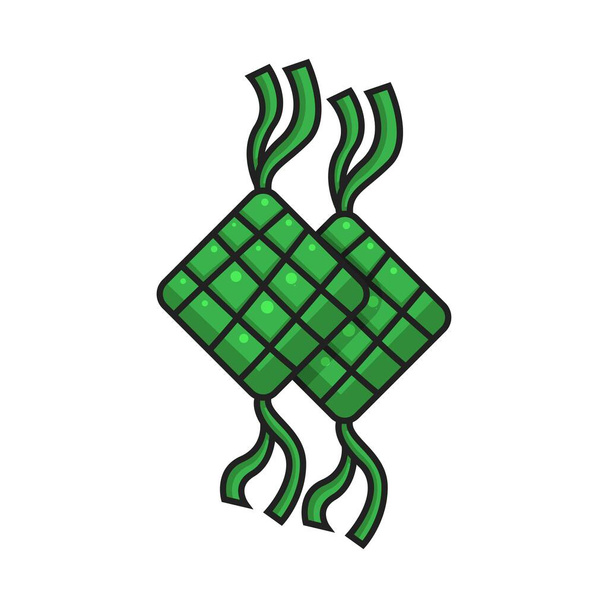 Ketupat (Reisknödel) Flachbild-Illustration. Ketupat ist ein Knödel aus Reis, der in einem diamantförmigen Behälter aus geflochtenem Palmblattbeutel während Eid Mubarak, Eid Al Fitr - Vector verpackt ist. - Vektor, Bild