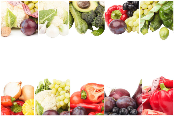 異なる生の果物や野菜からのライン、白に隔離された - 写真・画像