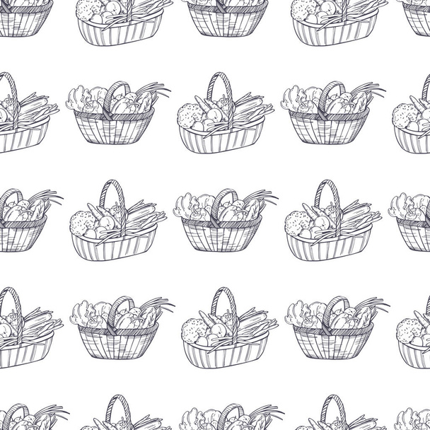 Hand drawn basket with vegetables. Vector  seamless pattern. - Vector, Imagen