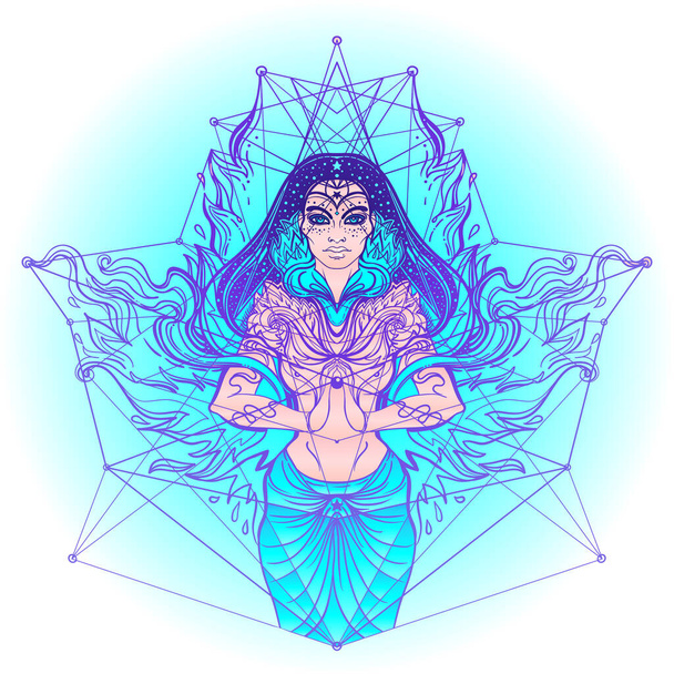 Asian magic woman with sacred geometry and fire. Vector Illustration. Mysterious thai girl over mystic symbols and flames. Alchemy, religion, spirituality, occultism, Asian culture. - Vektor, Bild