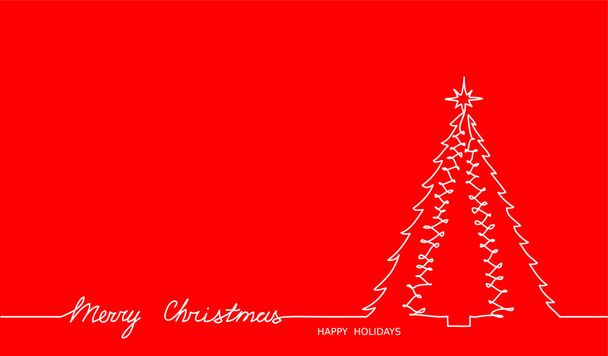 Xmas tree,fir simple contour and Merry Xmas text on red background. One continuous line vector drawing, background, banner, illustration - Vetor, Imagem