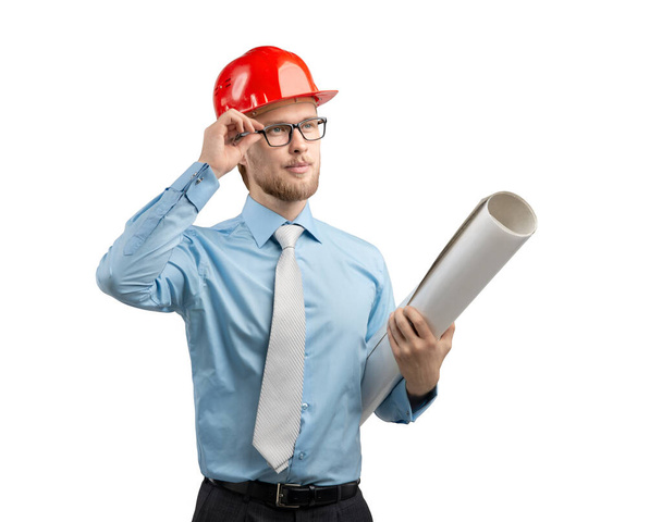 portrait one smart architect worker or engineer man in red construction helmet with drawing - draft, on white background, isolated - Foto, Imagem