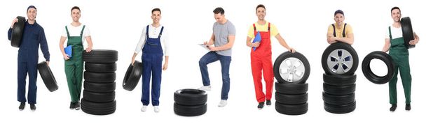 Collage with photos of young male mechanic and tires on white background, banner design. Auto store  - Foto, afbeelding