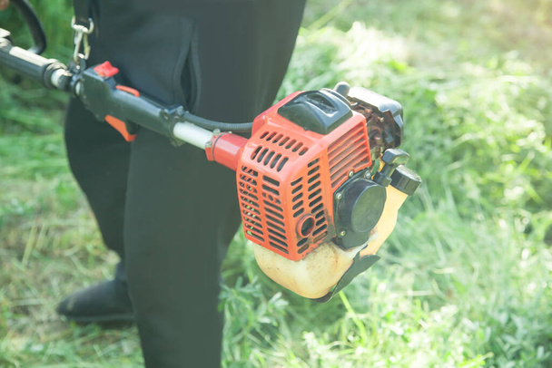 Werknemer snijden gras met een Grastrimmer. - Foto, afbeelding