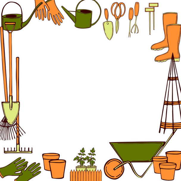 Fond vectoriel avec outils de jardin dessinés à la main. Illustration de croquis. - Vecteur, image