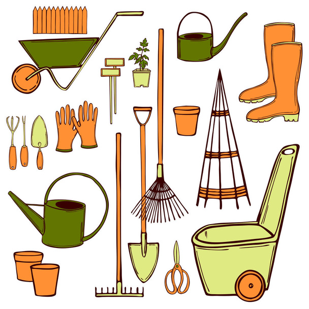 Hand drawn garden tools. Vector sketch  illustration. - Vetor, Imagem