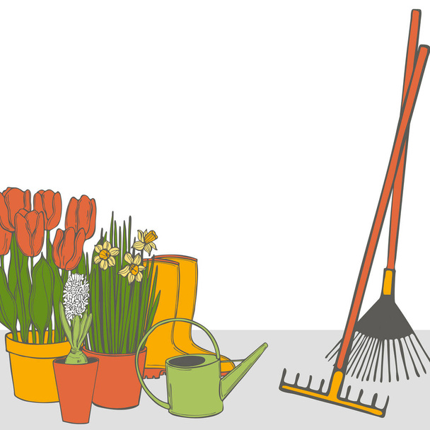 Wektorowe tło z narzędziami ogrodowymi i wiosennymi kwiatami w doniczkach. Ilustracja szkicu. - Wektor, obraz