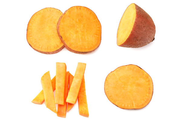 sliced sweet potatoes isolated on white background. top view - Foto, Imagem