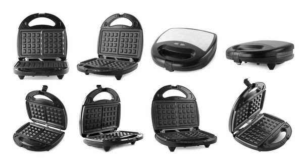 Set with modern electric waffle makers on white background - Fotó, kép