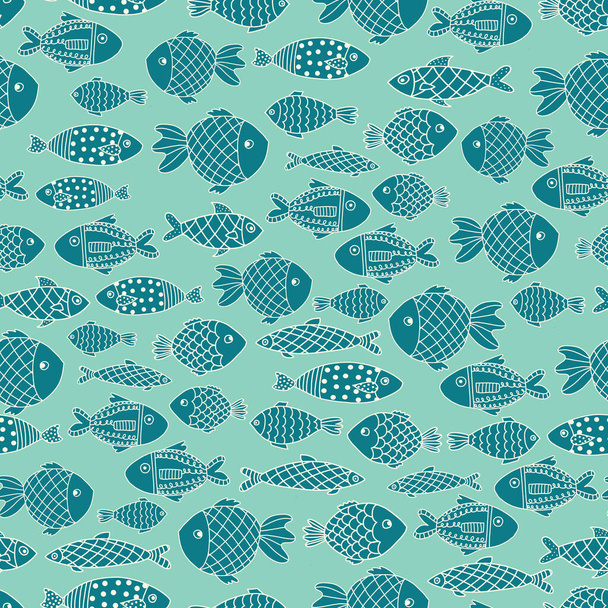 Fishes seamless vector pattern. Blue doodle line art ocean animal repeating background. Marine children summer pattern. For fabric, kids wear, kids decor - Vector, Image