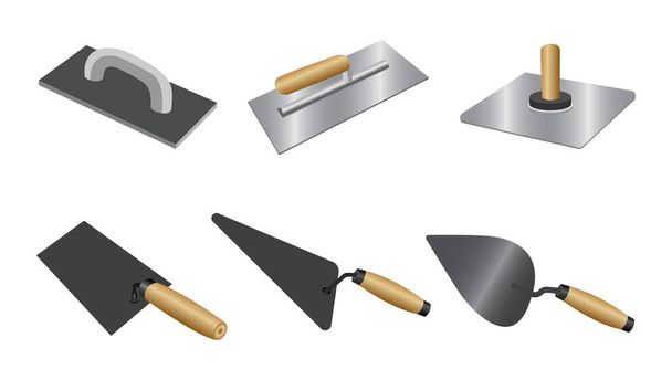 Set putty knife with wood handles. Isometric set of putty knife vector icons for construction and repair isolated on white background  - Vector, Image