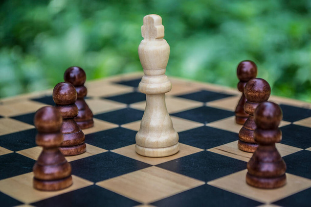 λευκό βασιλιά σκάκι που περιβάλλεται από μαύρα πιόνια στη σκακιέρα - Φωτογραφία, εικόνα