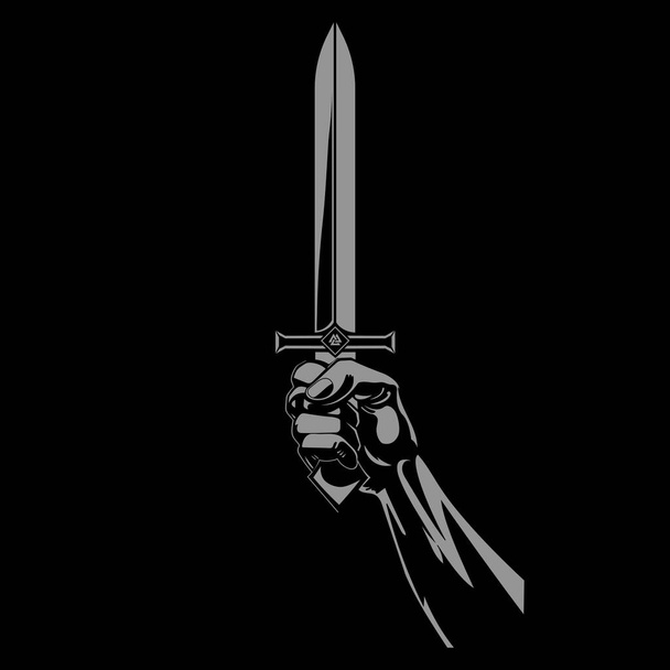 Hand van een krijger met een zwaard. Ontwerp van een krijgers hand met een middeleeuws scherp zwaard - Vector, afbeelding