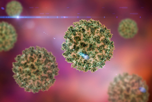 SARS-CoV-2, коронавирус, вызывающий COVID-19, 3D иллюстрация показывает поверхностные шипы вируса
 - Фото, изображение