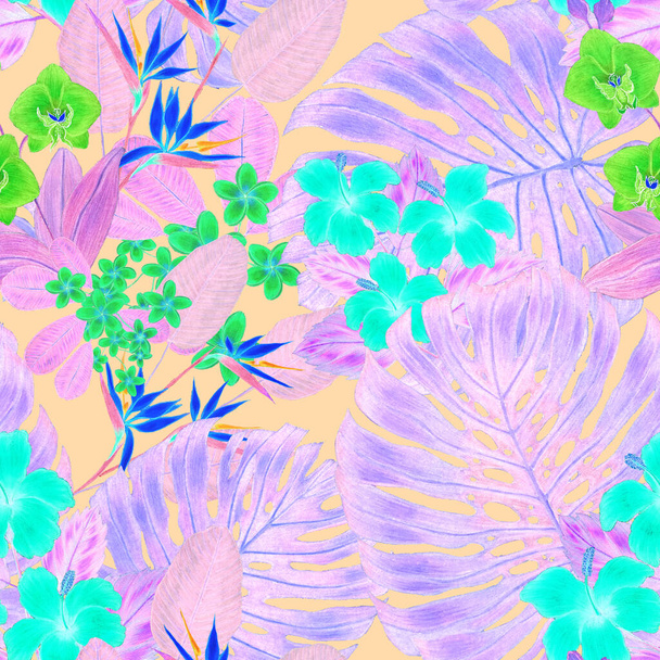 Mooi naadloos patroon met tropische bladeren en bloemen getekend met gekleurde potloden. Retro heldere zomer achtergrond. Jungle blad illustratie. Badmode botanisch ontwerp. Vintage exotische print. - Foto, afbeelding