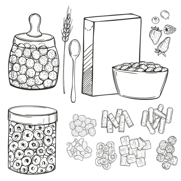 Hand drawn breakfast cereals set. Vector sketch illustration - Vector, Image