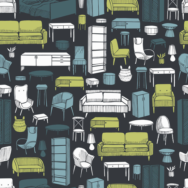 Muebles, lámparas y plantas para el hogar. Patrón sin costura vectorial - Vector, Imagen