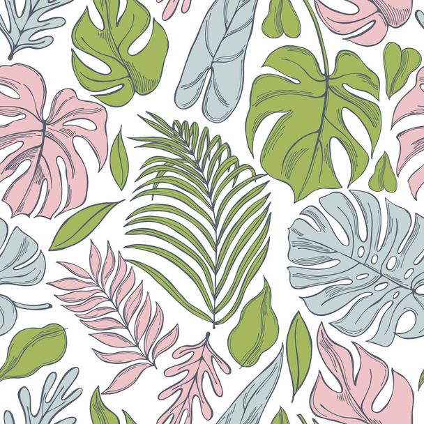 Hand drawn tropical plants.Vector seamless pattern - Vector, Image