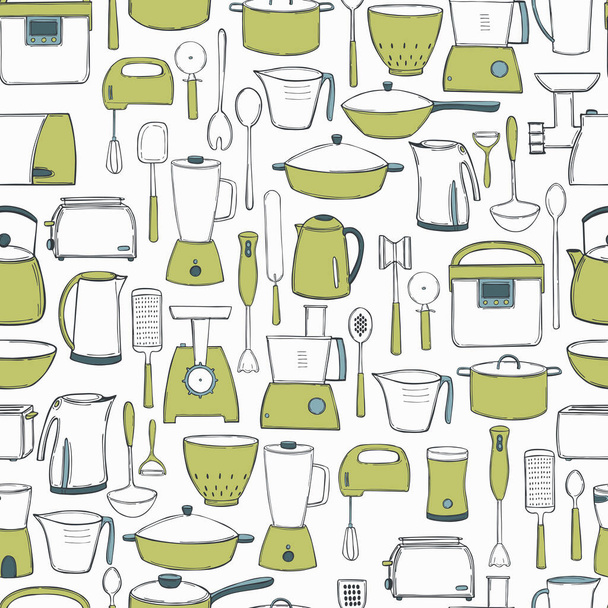 Hand drawn kitchen appliances and utensils for cooking.Vector seamless pattern - Vector, Image