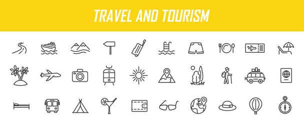Zestaw liniowych ikon podróży. Ikony turystyki w prostej konstrukcji. Ilustracja wektora - Wektor, obraz