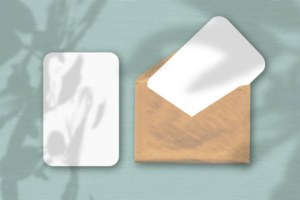 Kirjekuori, jossa on kaksi arkkia kuvioitua valkoista paperia harmaalla pöydällä. Mockup kanssa overlay kasvien varjoja. Luonnonvalo heittää varjoja onnen puusta. - Valokuva, kuva