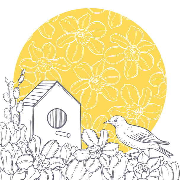Spring background with  hand drawn bird and flowers.  Vector sketch  illustration. - Vector, Image