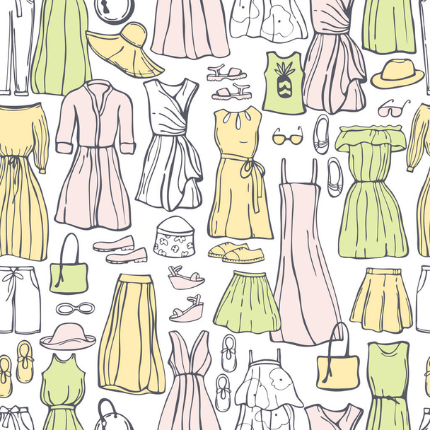 Summer fashion. Hand drawn women's clothing and shoes. Vector seamless pattern. - Διάνυσμα, εικόνα