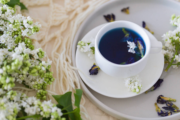 Cup of Butterfly pea tea (pea flowers, blue pea) for healthy drinking, detox drinking and white lilac. Relax time, pay yourself first - Фото, зображення