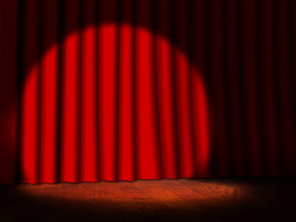 Estágio vazio com cortinas vermelhas e holofotes
 - Foto, Imagem