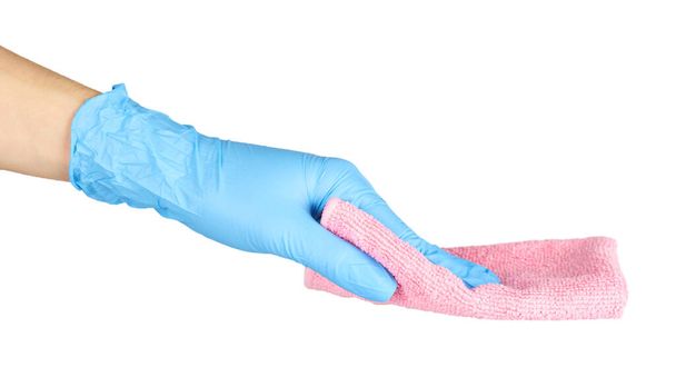 Colored cleaning rag with hand in rubber glove. Isolated on white background. - Fotó, kép