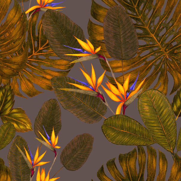 Beautiful seamless pattern with tropical leaves and flowers drawn with colored pencils. Retro bright summer background. Jungle foliage illustration. Swimwear botanical design. Vintage exotic print. - Fotoğraf, Görsel