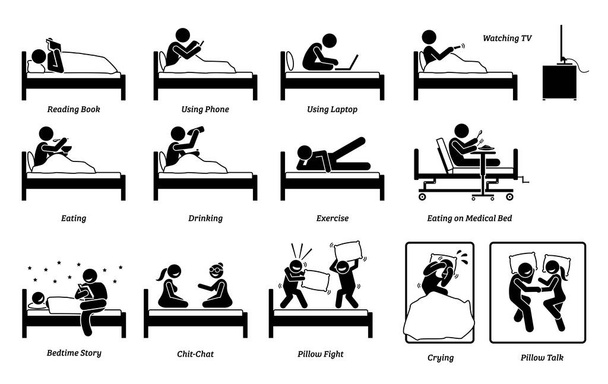 Things that people do on the bed inside the bedroom. Vector of person reading book, using phone, working with laptop, watching TV, eating, drinking exercise, bedtime story, talking, and pillow fight. - Vector, Image