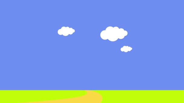 Lineare Skalierung Animation verschiedener Teile der Animation, die nacheinander auf blauem Hintergrund erscheinen Zuerst ein Streifen grünen Grases, der perfekt umrissen ist, dann Wolken hohe Bäume mit buschigen Wipfeln und ein Haus am Ende einer Straße - Filmmaterial, Video