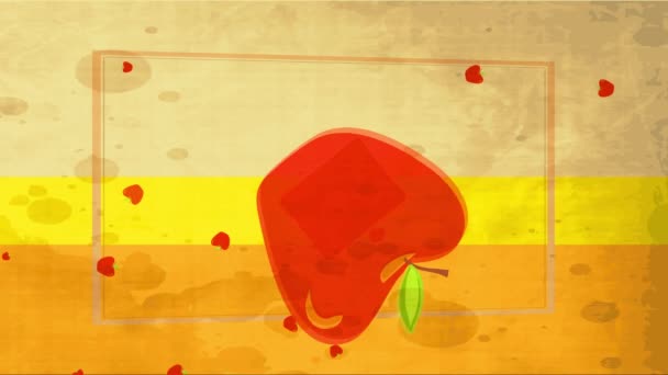 Animação linear do salto e da rotação do anúncio clássico do aliment com fruto vermelho grande desenhado sobre a cena em camadas do quadro azul com respingo da sujeira
 - Filmagem, Vídeo
