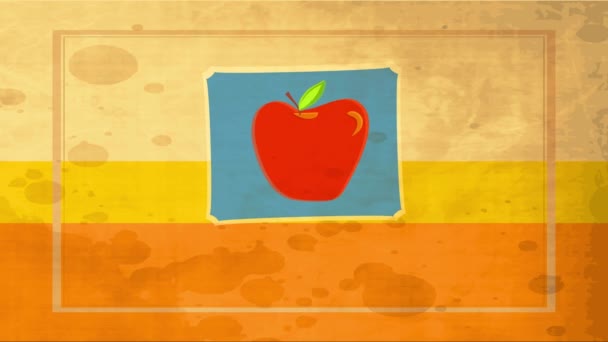 Scaling Gemakkelijk vertragen met lente-effect Animatie van Vintage Food Advertising met Big Red Apple getrokken over blauwe frame gelaagde achtergrond met vuile vlekken - Video