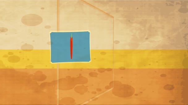 Inertial Bounce And Spin Animation der klassischen Lebensmittelwerbung mit riesigem roten Apfel über blauem Rahmen geschichtet Szene mit Schmutzfleck - Filmmaterial, Video