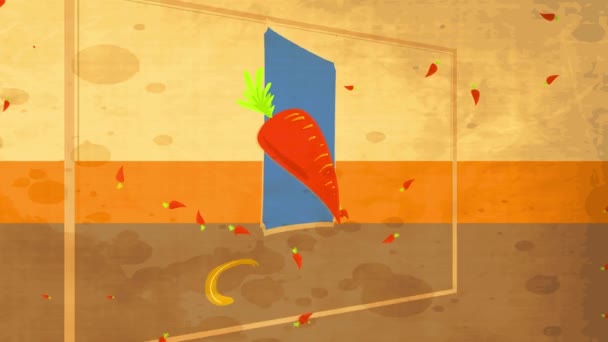 Kirli mukavva desenli arka planda duran yeşil kökü olan lezzetli turuncu havuç ile tasarlanmış eski moda yemek pişirme kavramsal sanatının atalet sıçrayışı ve döndürme animasyonu - Video, Çekim