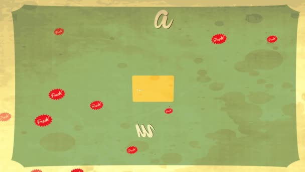 50Sからキッチンカードに類似したアンティーク段ボールのテクスチャの背景に赤い水彩でクレヨンとマルチカラーで描かれたレトロスタイルのトマトハンドを形成するフラット要素をバウンス - 映像、動画
